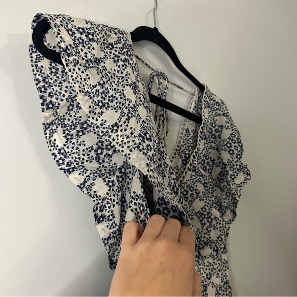 Anthropologie Blue & Cream Floral Printed Ruffle Sleeve Mini Dress - Picture 7 of 7